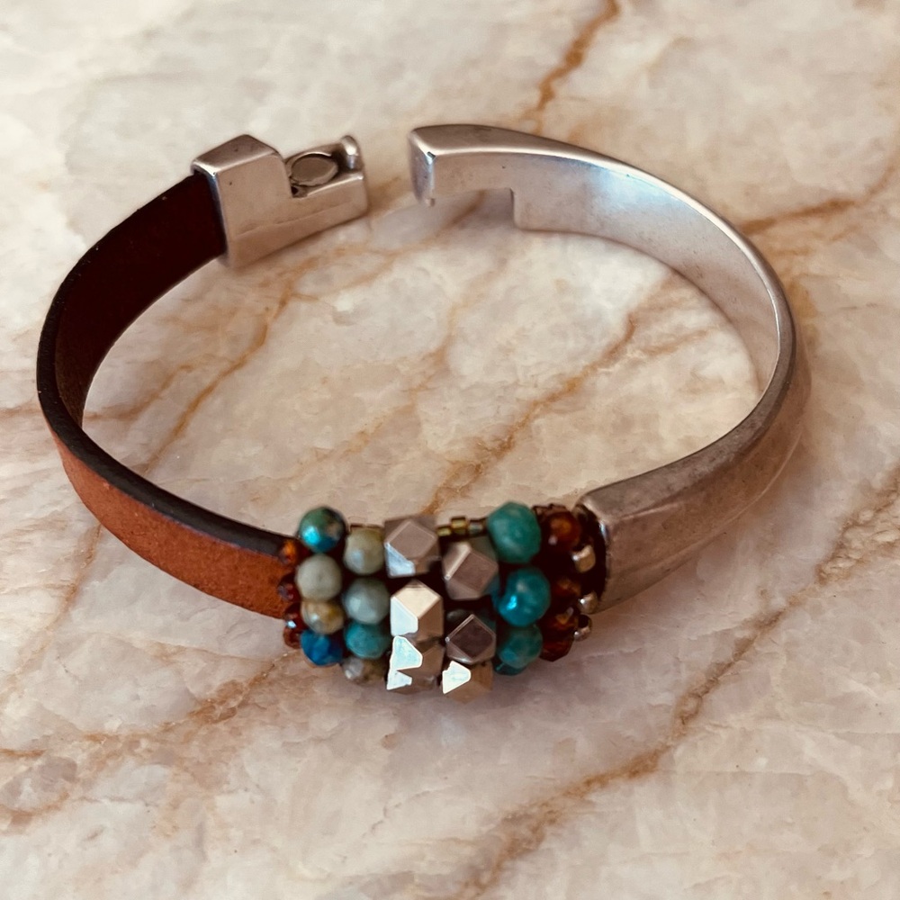 Southwestern silver and Brown leather Beaded Women's Bracelet
